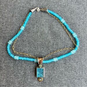 Mars And Valentine Blue Beaded Necklace with Floral Pendant and Gold Chain